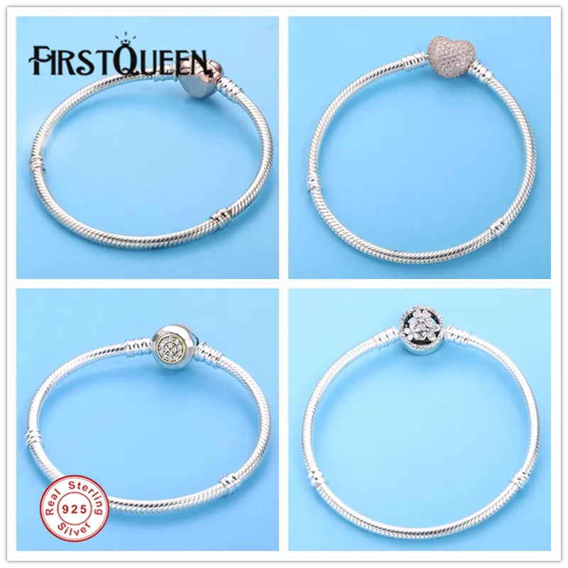 

FirstQueen Solid Sterling Silver 925 Basic Snake Chain With Flower Clasp Bracelet Fine Jewelry Fits Charms Beads Fine Jewelry