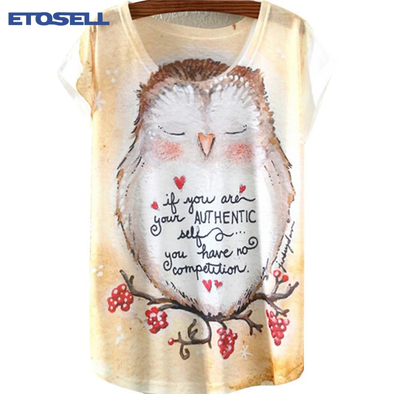 

Vintage Summer T Shirt Women Clothing Tops Animal Owl Cat Print T-shirt 2017 New