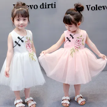 

1-6T Sleeveless Girls Dress Pink Chinese National 2019 Summer New Peony Flower Dress children's buckle Mesh gauze Dress 2 Color