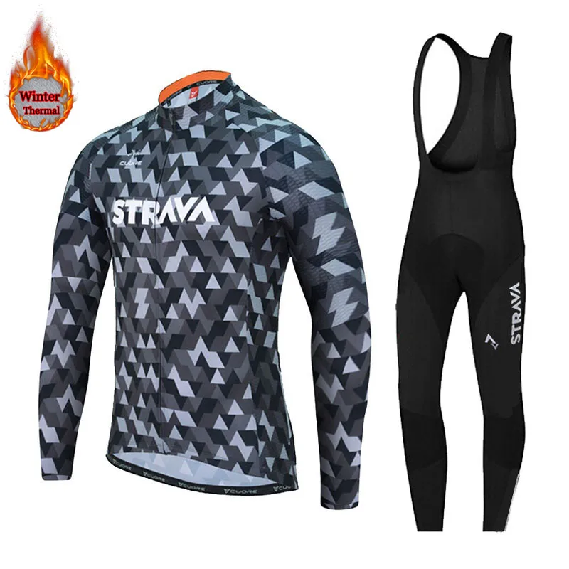 

2019 new winter STRAVA Long sleeve Cycling Jersey Set MTB Warm and windproof Cycling Clothing Strap suit