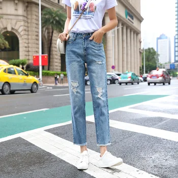 

New Arrival Womens Casual Loose Wide Leg Pants Slim High Waist Jeans Female Trendy Ripped Hole Nine Points Trousers Women D274