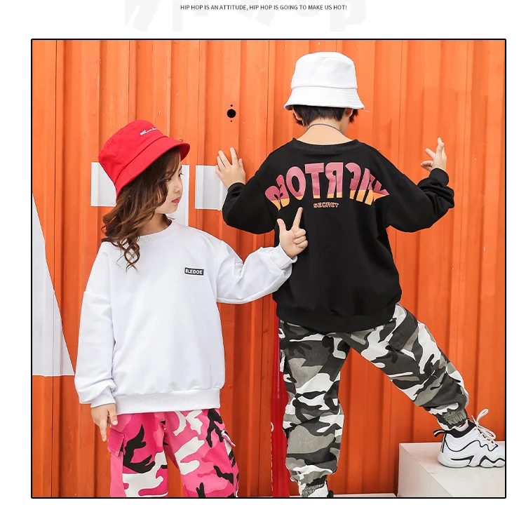 Детская одежда в стиле хип-хоп Повседневная рубашка, Толстовка Топ, камуфляжные штаны для девочек и мальчиков, костюм для джазовых танцев Одежда для бальных танцев