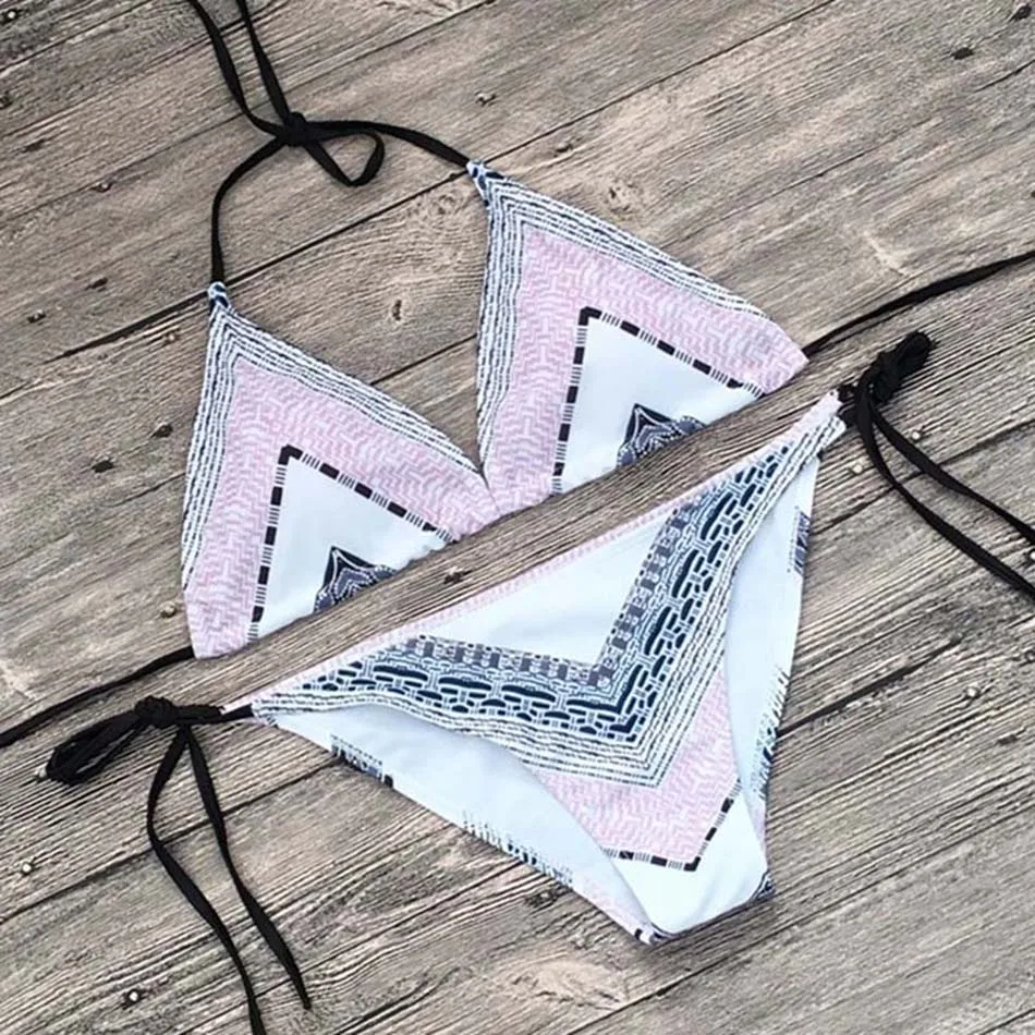 OM 2018 Retro Bikini Set Women Swimsuit Push Up Simple Model Brazilian Print Bikinis Halter Padded Biquini Feminino Swimwear