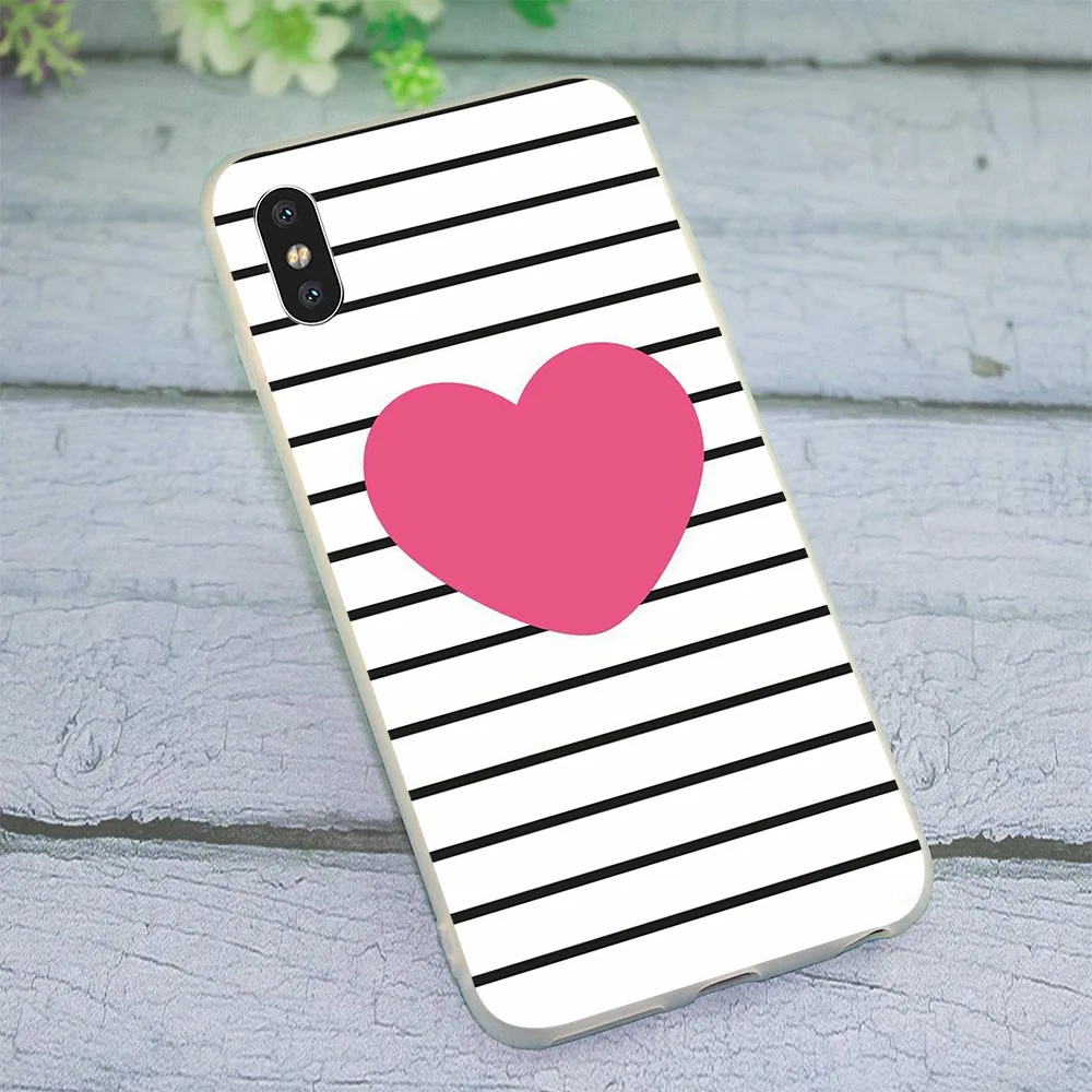 Case for iPhone 7 Pink stripe heart Love rose flower Cover 8 Plus Covers Xs Max X 6 6S 5S 5 SE XR Cases Silicone | Мобильные