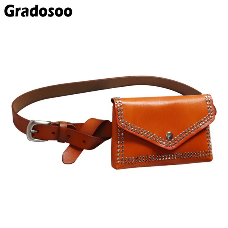 

Gradosoo Fashion Design Women Genuine Leather Waist Bag Women's Phone Bags Rivet Punk Small Fanny Pack Female Belt Bag LBF399