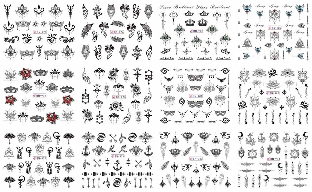 12 листов наклейка BN01-1212 цветочный A403/Павлин Дизайн ногтей переводная наклейка для воды Наклейка для инструмент для украшения ногтей(12 вариантов дизайна в 1 - Цвет: BN973-984