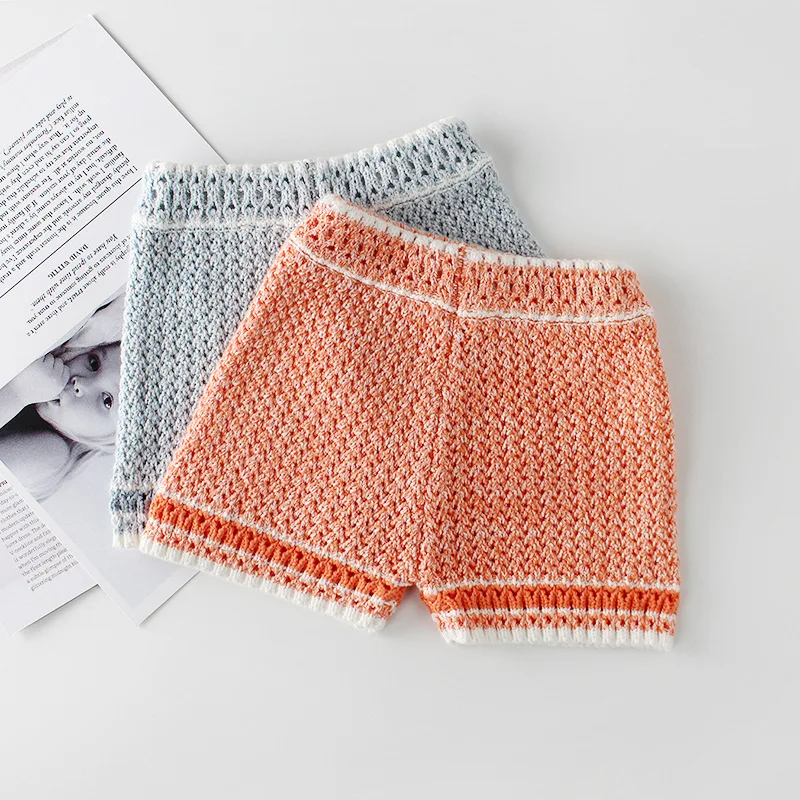 Милые вязаные свитера для маленьких мальчиков и девочек, топы и шорты, штаны комплекты из 2 предметов одежда оранжевого и синего цвета на весну и осень