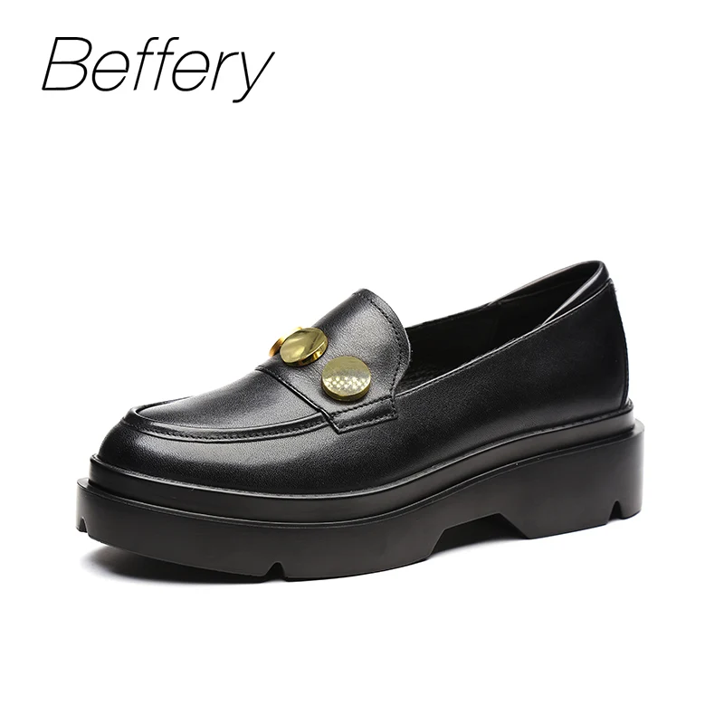 

Beffery Genuine Leather Shoes Women Round Toe Flat Platform Shoes Vintage British Style Fashion Black Metal Rivets Flat Shoes