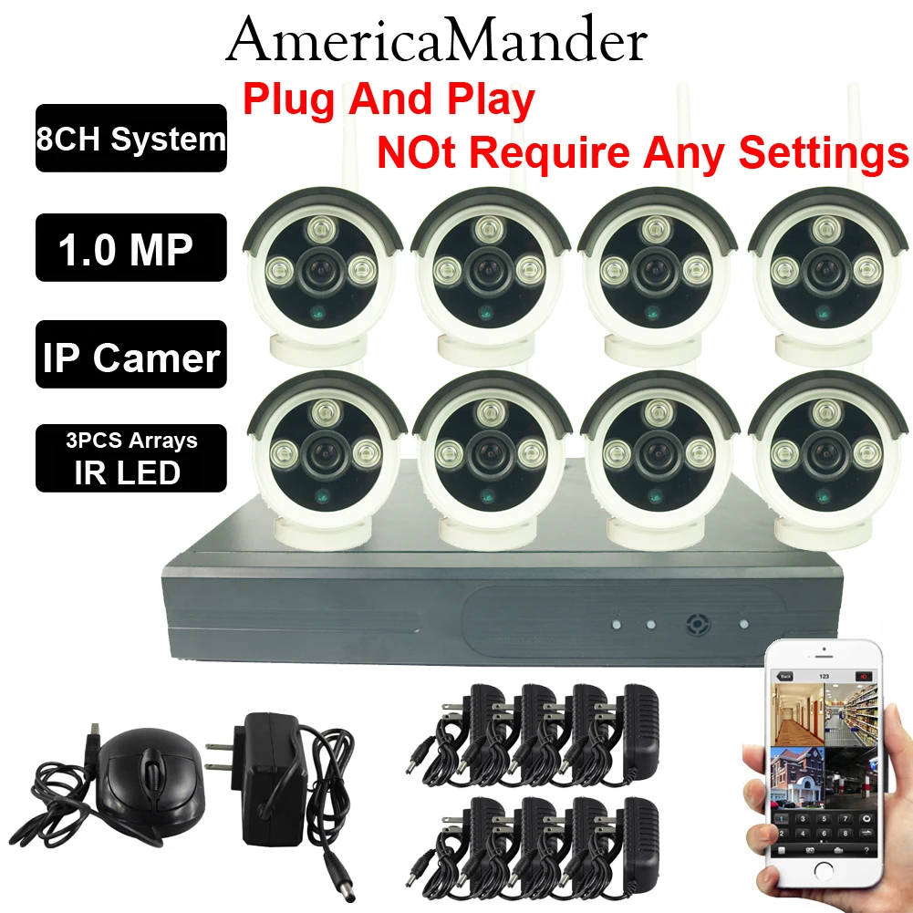 8CH Plug And Play Wireless NVR CCTV System 720P IP Camera WIFI Waterproof IR Night Vison Home Security Camera Surveillance Kit