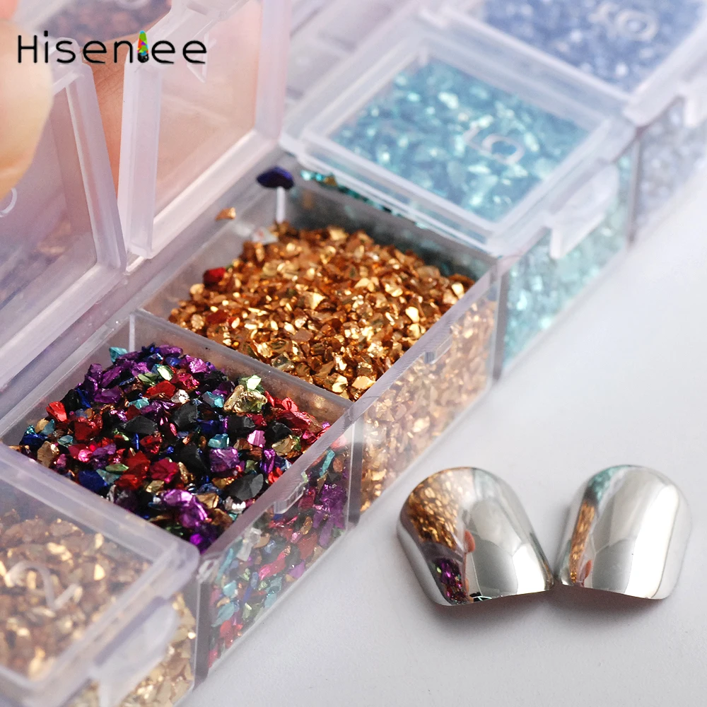 Hisenlee, 12 цветов, 3D дизайн ногтей, дробленое стекло, порошок, сломанный блеск для ногтей, порошок, украшение, стразы для типсов, набор для дизайна ногтей, 1 коробка
