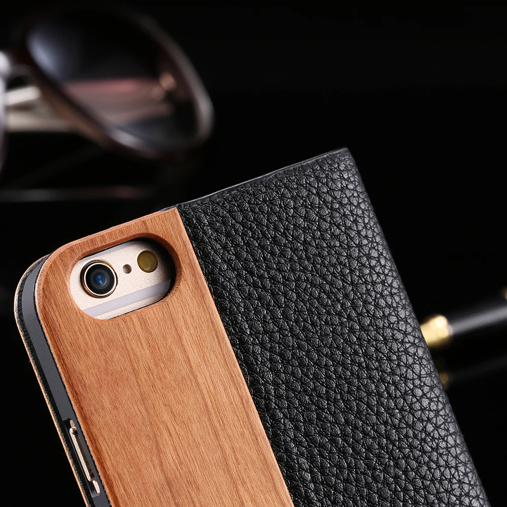  KISSCASE Wood Case For iPhone 11 XR XS Max Redmi Note 8 Case Wallet Stand Genuine Leather Flip Case