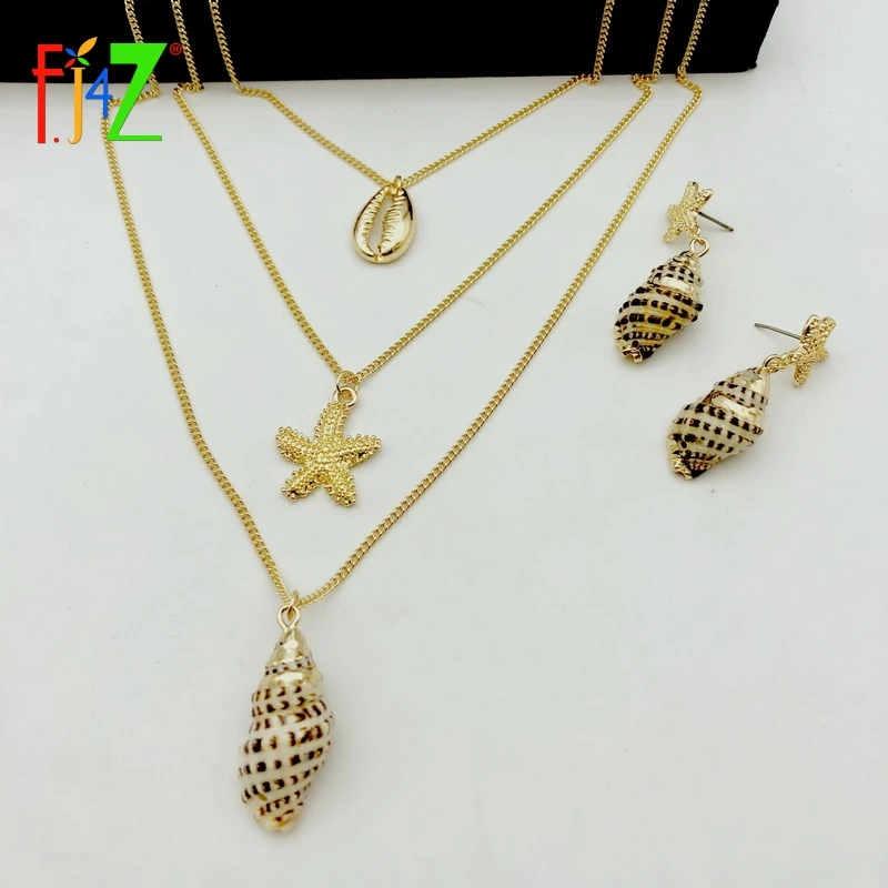 

F.J4Z Hot Seashell Earrings Necklaces for Women Hawaii Nature & Alloy Shell Pendant Multi-layers Necklace Summer Collar Jewelry