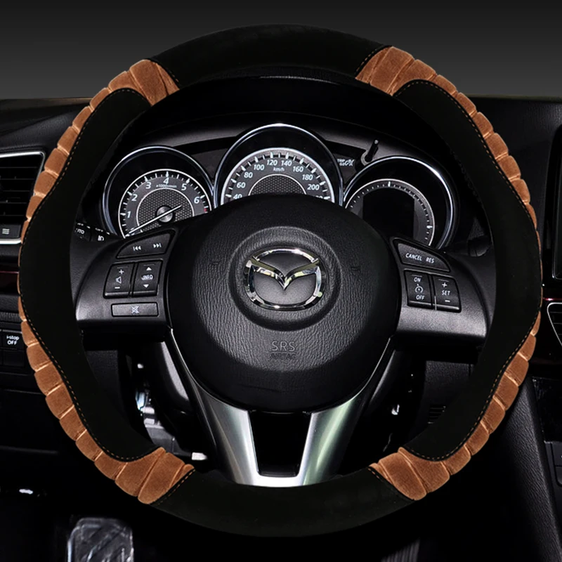 

KKYSYELVA 3D non-slip new plush steering wheel cover winter Two-color stitching soft hair car cover 6 colors optional