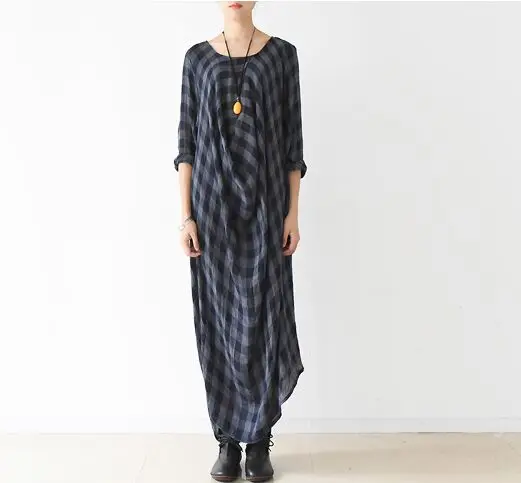 

2016 Autumn Winter Plaid Dress Women Casual Loose Long Dress Vintage Pockets Cotton Irregular Maxi Dresses Plus Size Vestidos