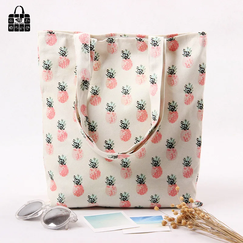 

ROSEDIARY Pink pineapple printing 100%cotton canvas Handbags large capacity Shopping Beach Bags Women Girl Shoulder bags