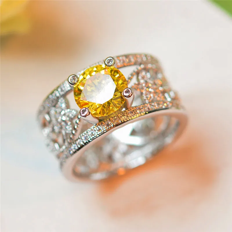 

Crystal Fashion Female White Pink Yellow Stone Ring Boho Small Silver Color Engagement Ring Vintage Wedding Rings For Women