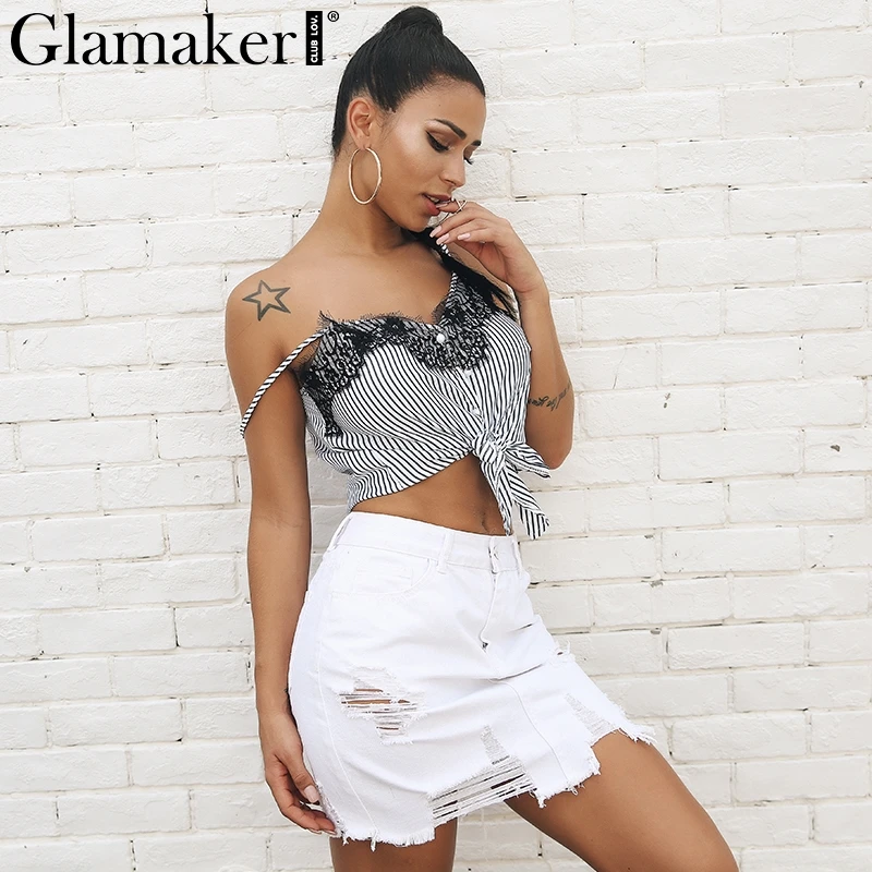 Glamaker Черное кружево с ресничками полосатый топ на бретелях для женщин