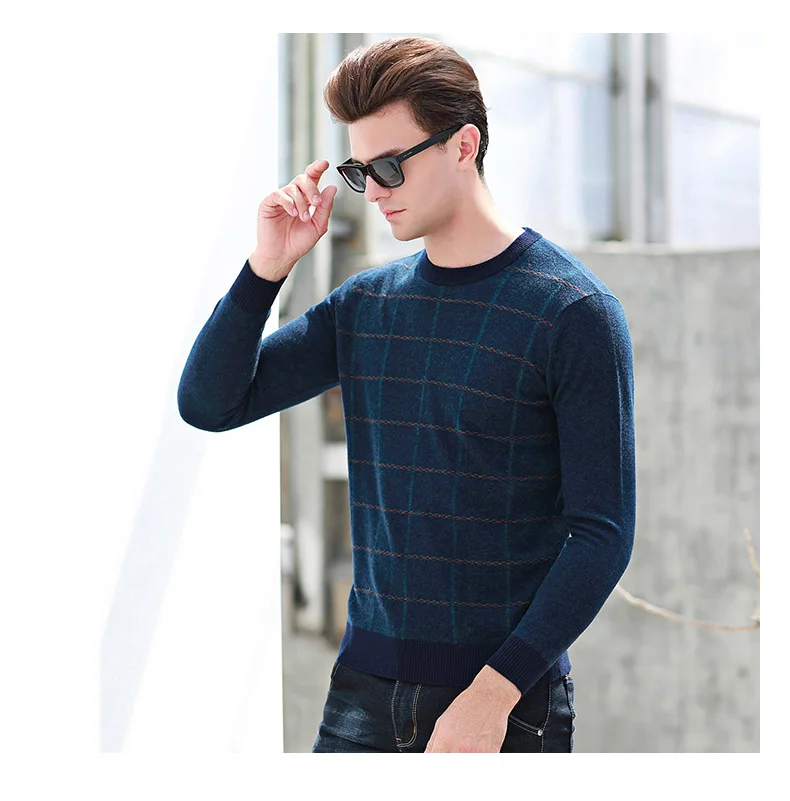 Casual Winter Warm Wool Men's O-neck Plaid Sweater Men Smart Casual Pullover High Quality Men's Knitted Sweaters