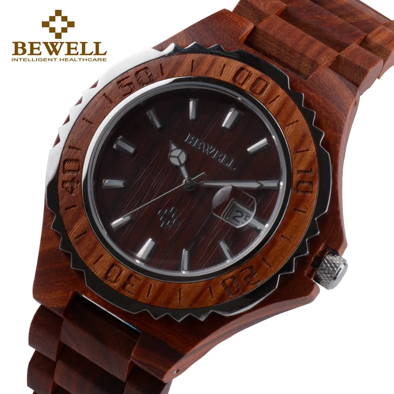 

BEWELL 100BG Wood Watch Men Analog Display Auto Date Quartz Mens Watches Top Brand Luxury Water Resistant Wristwatch Gift Box