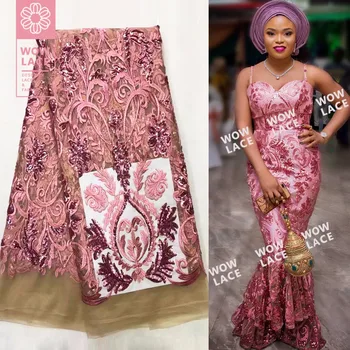 

2019 New Unique Sequins Net Lace Fabrics Pink Sequined Embroidered Guipure Mesh Laces Material For Women Wedding Dresses Fabrics