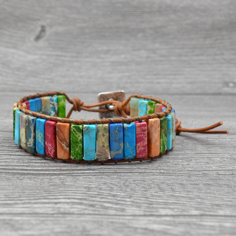Chakra Bracelet Handmade 7 Natural Tube Beads Stone Leather Wrap Multi Color Bangle for Women Men Couples Bracelets | Украшения и