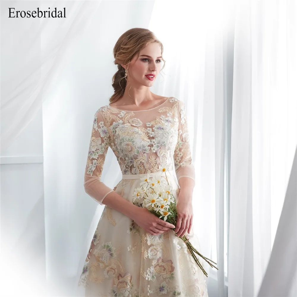 Cheap Evening Dress Long 2019 Erosebridal A Line Evening Gowns Long Sleeve Sexy Illusion Bodice robe de soiree LRK-03