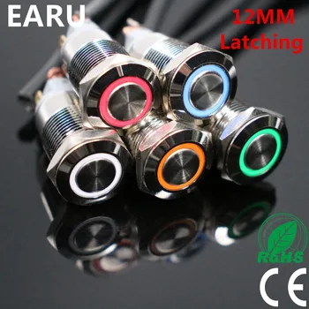 

12mm Waterproof Latching Flat Round Stainless Steel Metal Push Button Switch LED Light Shine Car Horn Fix 3V 5V 12V 24V 220V