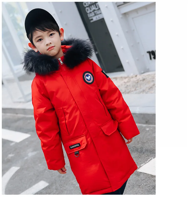 Детские зимние теплые пуховики-25 градусов, куртка с капюшоном и большим мехом для мальчиков-подростков детская утепленная верхняя одежда на утином пуху, пальто