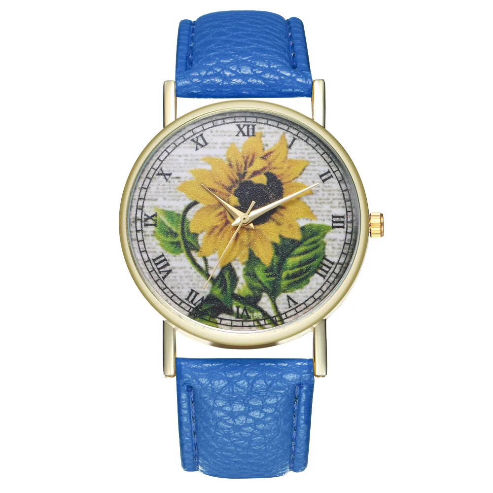 Simple Luxury PU Leather Watches Quartz Wrist Watches Sunflower Painting Women Ladies Couple Watch Clock Jewelry &Ff