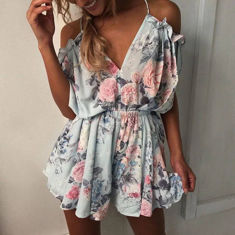 Floral V-Neck jumpsuit women romper summer backless bandage loose  jumpsuit lady Shorts beach lace up coveralls female frock