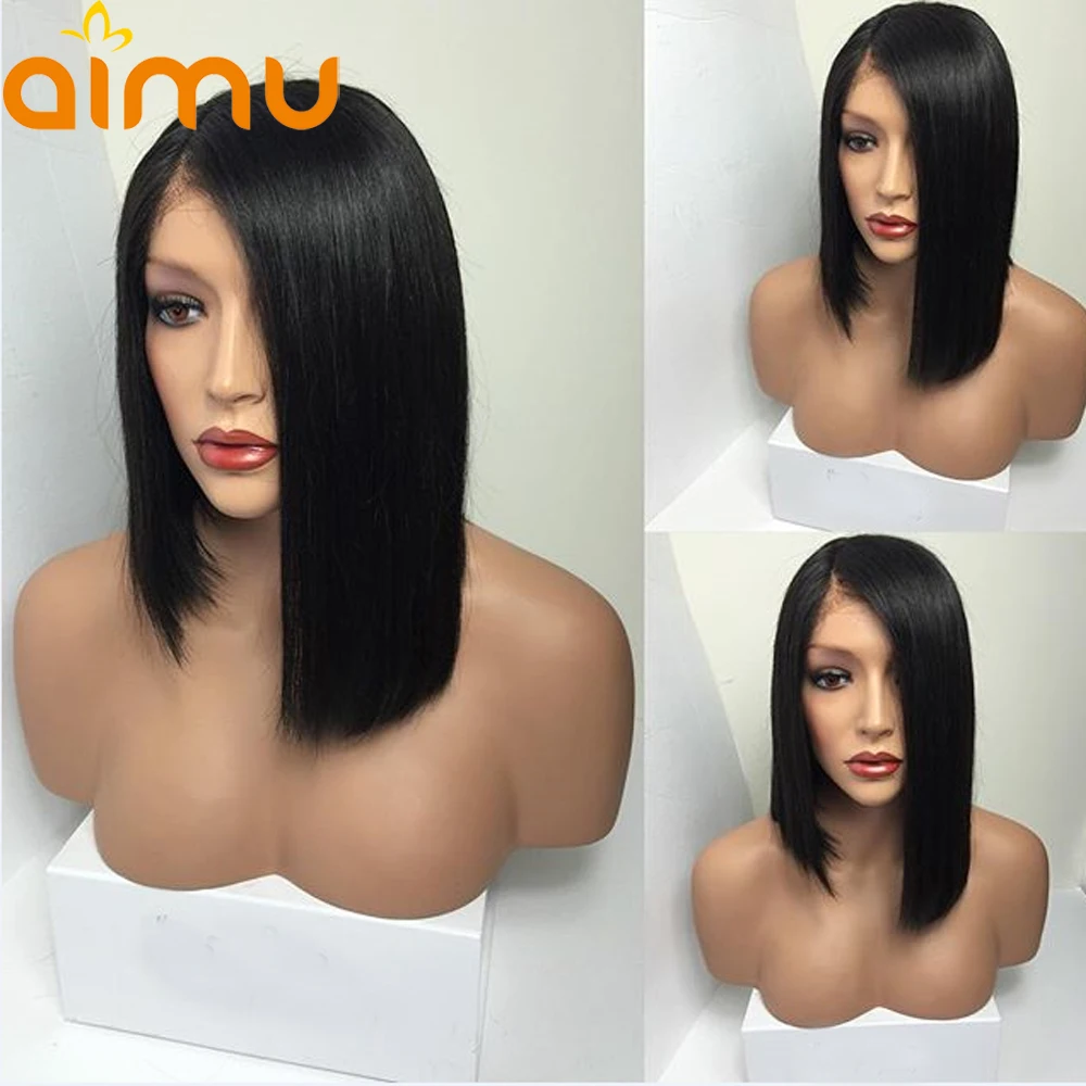 

13X6 Pre Plucked Blunt Cut Lace Front Bob Wigs For Black Women 180 Density Straight Peruvian Remy Human Hair Wig With Baby Hair