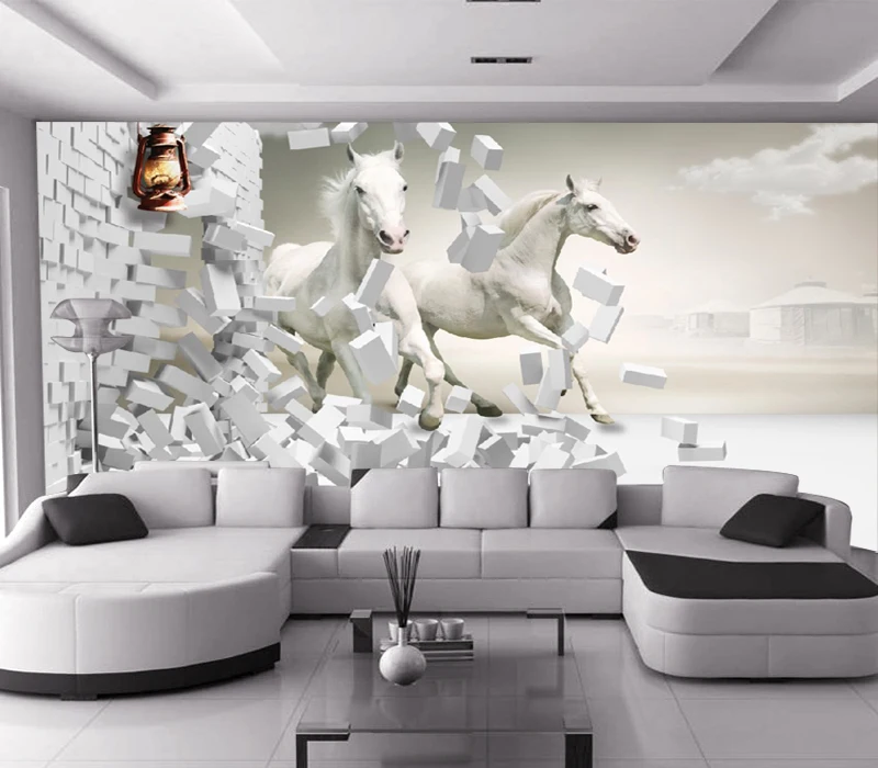 Фотообои на заказ с изображением животных белой лошади и кирпичей 3d обои 5d