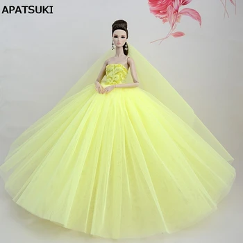 

Light Yellow Doll Dress For Barbie Doll High Quality Long Tail Evening Gown Clothes Wedding Dress +Veil 1/6 Doll Accessories