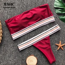 Однотонный красный лоскутное бикини женский купальник бандо пуш-ап мягкие трусики-Тонг с низкой посадкой купальник плавательный костюм