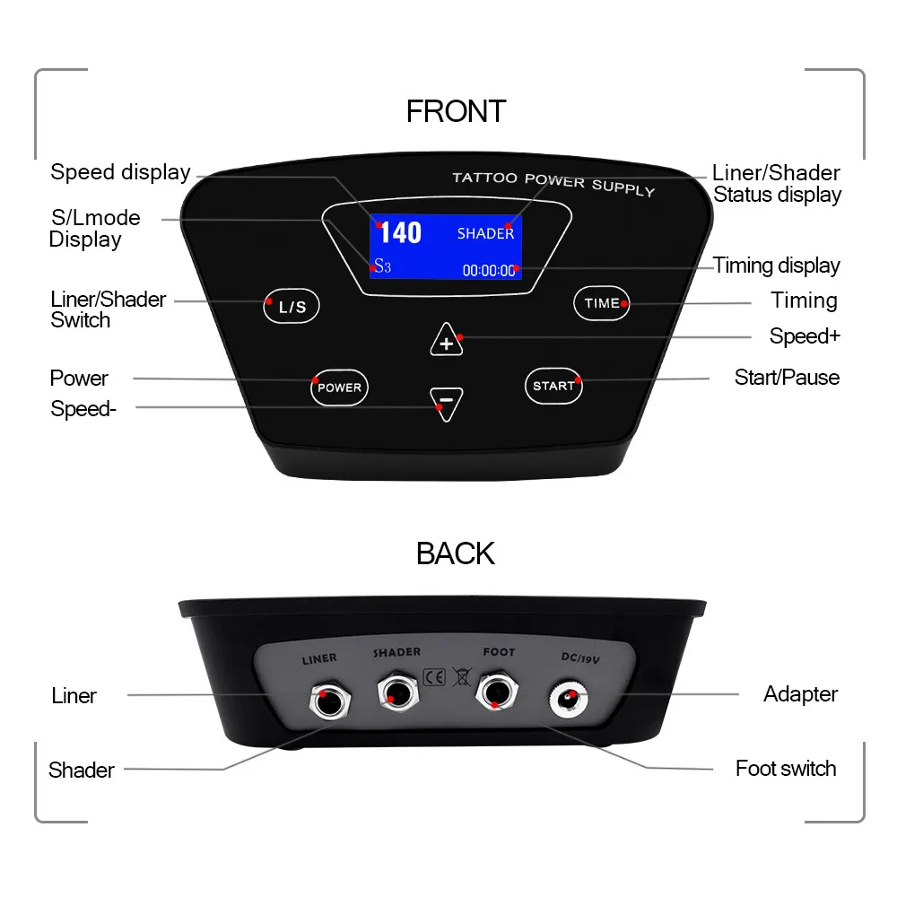 

Biomaser Black Tattoo Power Supply Double Digital LCD For Tattoo Machine Rotary Gun Power Source Liner Shader With FootPedal