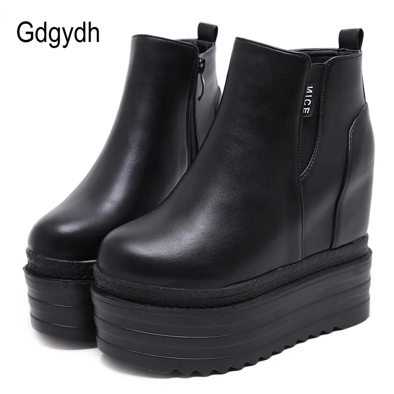 

Gdgydh Woman Autumn Ankle Booties Shoes Platform Black High Heel Ladies Shoes Leather Shoes Rubber Sole Wedges Boots 2019 Spring