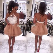 Weiß Und Champagne Kurze Party Kleider O Neck Sleeves Appliques Mini Nette Cocktailkleider