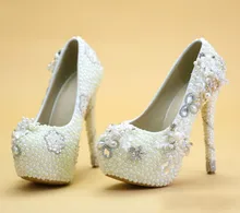 2016 new wedding shoes Bridal shoes white high heeled Pearl wedding photographs wedding dress shoes
