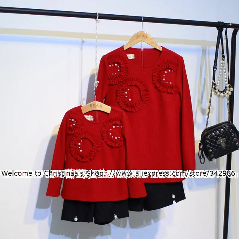 

2018 Mother daughter baby girl clothes maternity dresses pearl plus Large 4XL Woman Lady children Kids Tops and shorts Wool suit