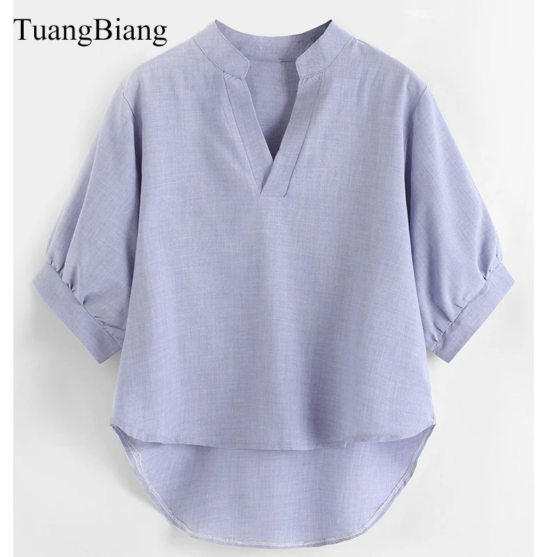 

2018 Spring New Short Front Long Back Female Blouse Solid Color Women Soft Shirts Half Sleeve Summer European Style Tops