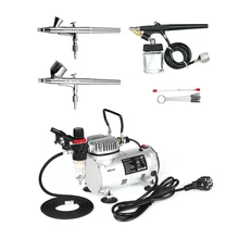 Профессиональный Gravity Feed Аэрограф поршневой воздушный компрессор комплект с 3 аэрографом+ 6 футов воздушный шланг+ держатель аэрографа+ щетка для очистки