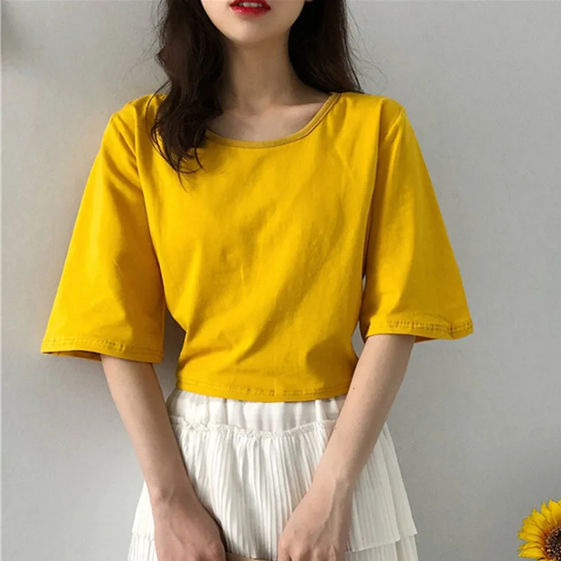 

Cotton Summer Casual Solid Ladies T Shirt Women Half Sleeve O-neck Short T Shirts Sexy Back Hollow Out Bandage Crop Tops 2019
