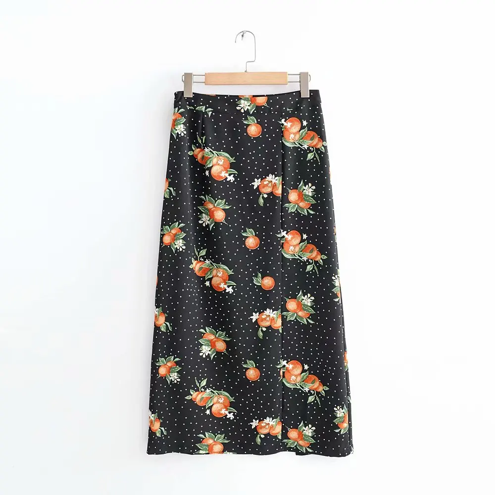 

2018 Women Vintage fruit dots printing high waist long skirt ladies vestidos sexy split casual slim chic party skirts QUN110