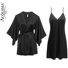 Женский халат и платье, наборы, сексуальное атласное Ночное платье для сна, Шелковая пижама с длинным рукавом, женская ночная одежда, халат, ночное платье