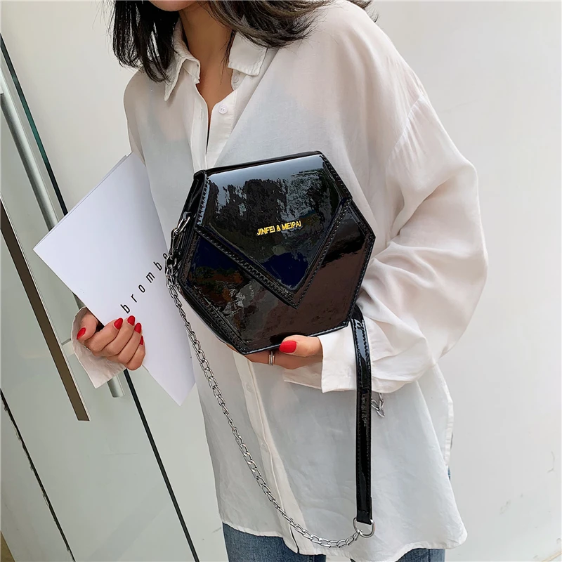 Шестигранная лакированная кожаная сумка через плечо для женщин, роскошные сумки, женские сумки, дизайнерские Серебристые цепи, сумка для женщин