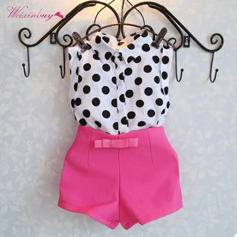 

WEIXINBUY New Summer Kids Baby Outfits Girl Short Clothes Set Polka Dot Shirt Tops + Rose Shorts 2-6Y L07