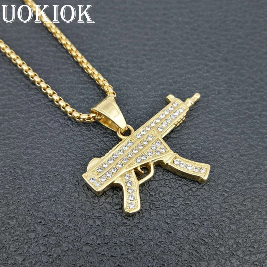

Hip Hop Chain Iced Out Submachine Gun Pendant Necklace For Men Gold Color Stainless Steel Male Jewelry 2019