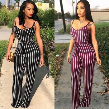 

Summer Jumpsuit Women Striped Sleeveless Bandage Belt Rompers Womens Jumpsuits Bodycon Playsuit Clubwear Long Trousers