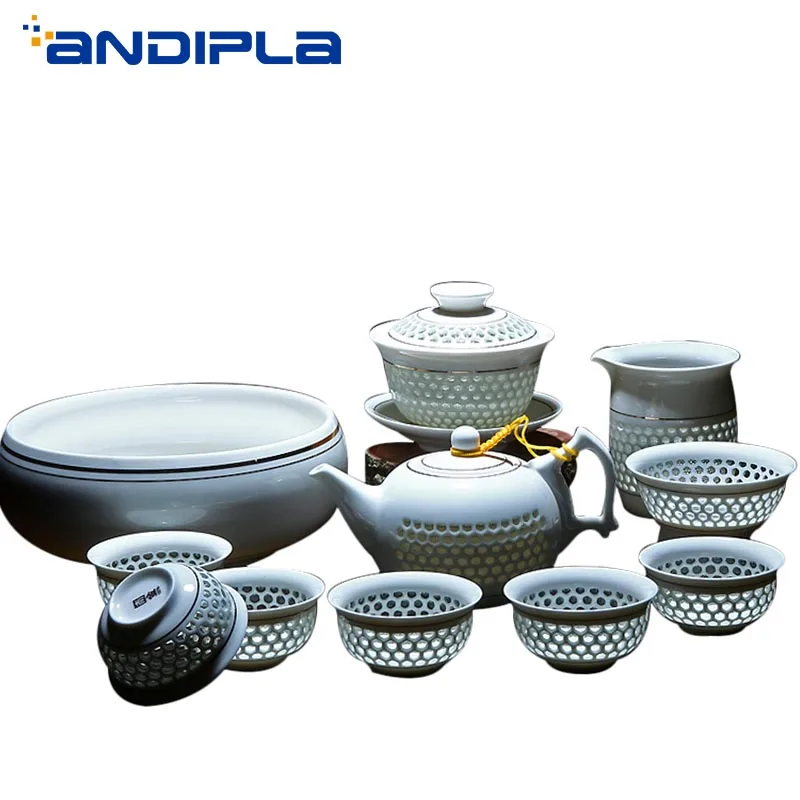 

11PCS Hollow Honeycomb Kung Fu Tea Set Blue and White Porcelain Drinkware Ceramic Glass Teacup Teapot Gaiwan Strainer Fair Cup