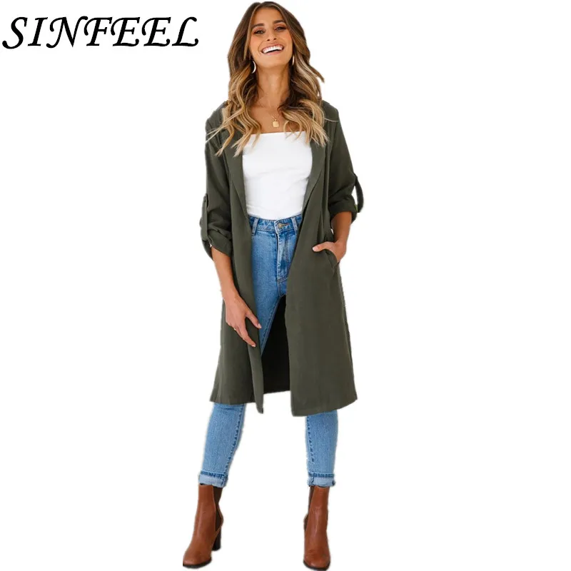 SINFEEL New Autumn Fashion Casual Women's Khaki Trench Coat Winter Long Outerwear Slim Windbreaker Clothes for lady with belt